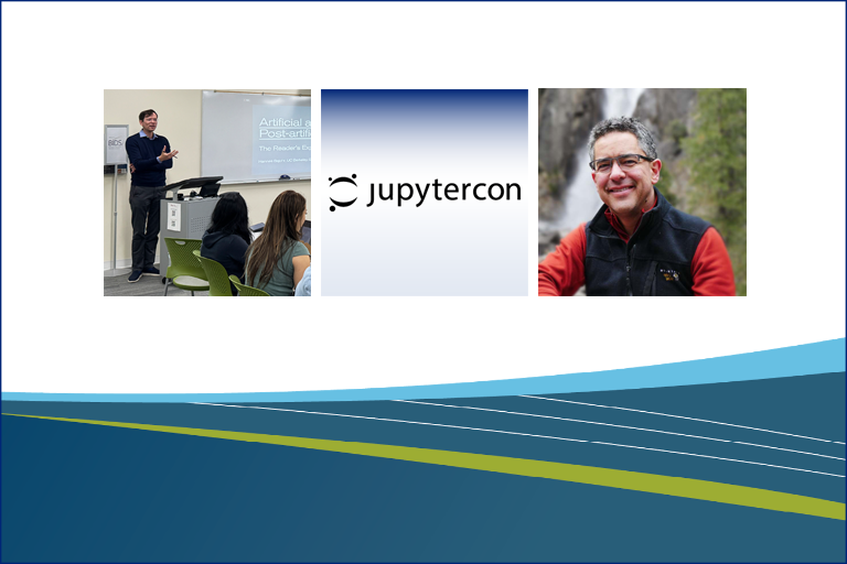 three squares  in a row: a person standing at a podium, the JupyterCon logo, and a headshot of Fernando Perez