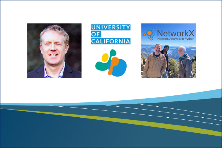 3 squares - a headshot of a professor, UC OSPC graphic logo, group of 3 people - witha swirl at the bottom