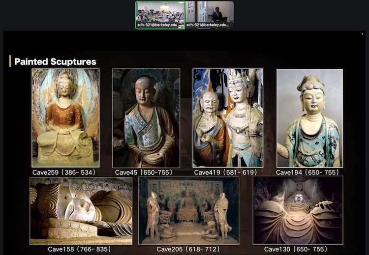 a group of 7 photos of painted sculptures from the caves in China, with 2 small images at top of people who attended the seminar