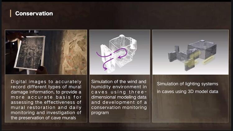 3 images with text describing conservation efforts at the caves - there is an image of a mural, the digital rendering of it, and a 3D model of it